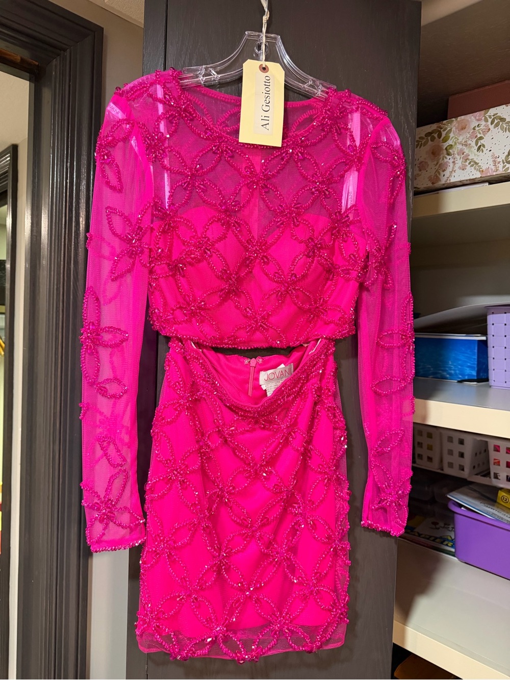 Jovani Hot Pink Beaded cocktail Dress - Long Sleeve Two-Piece